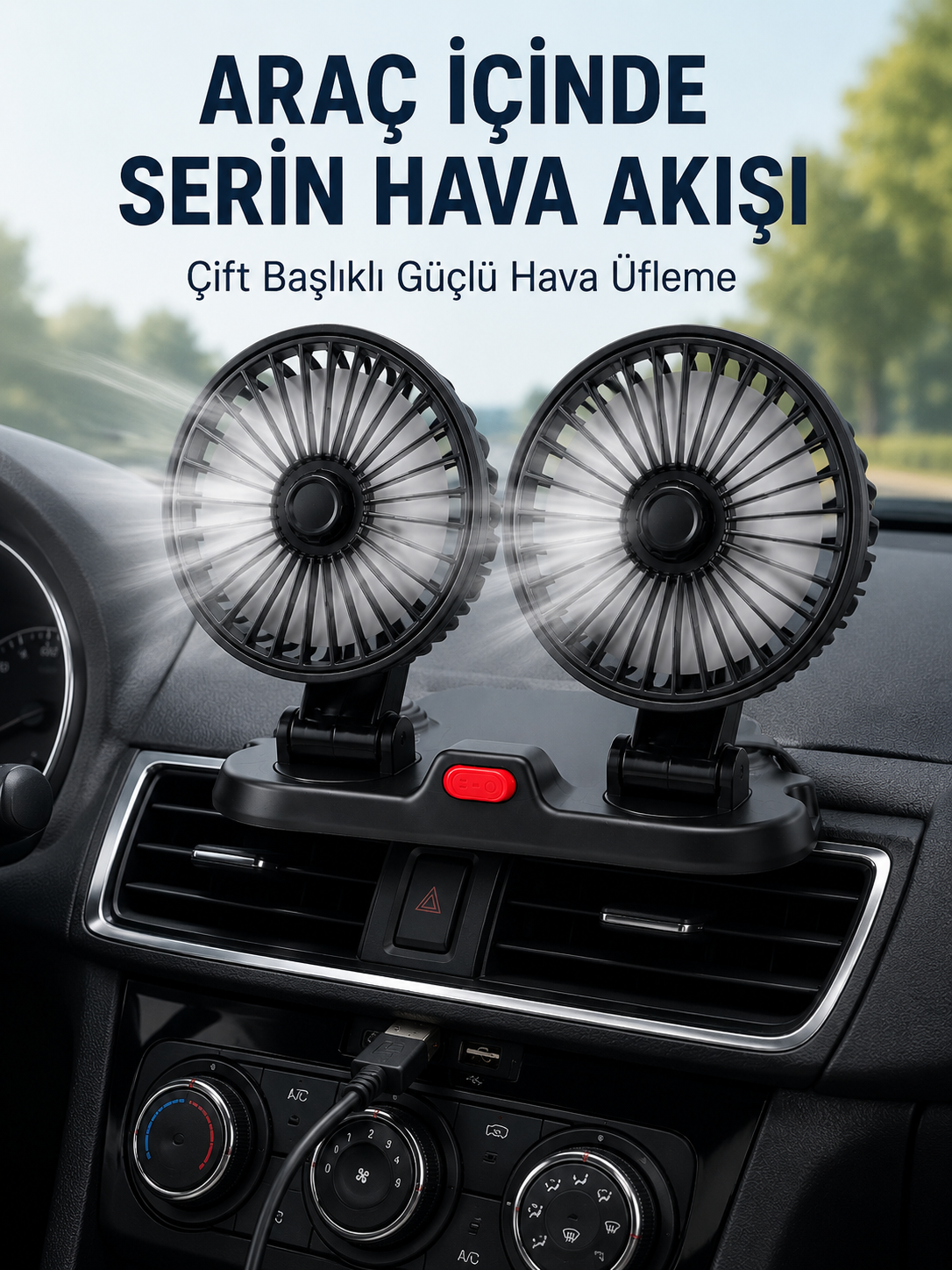 Ayarlanabilir Çift Başlıklı Sessiz Araç İçi Vantilatör - Bayi Depom