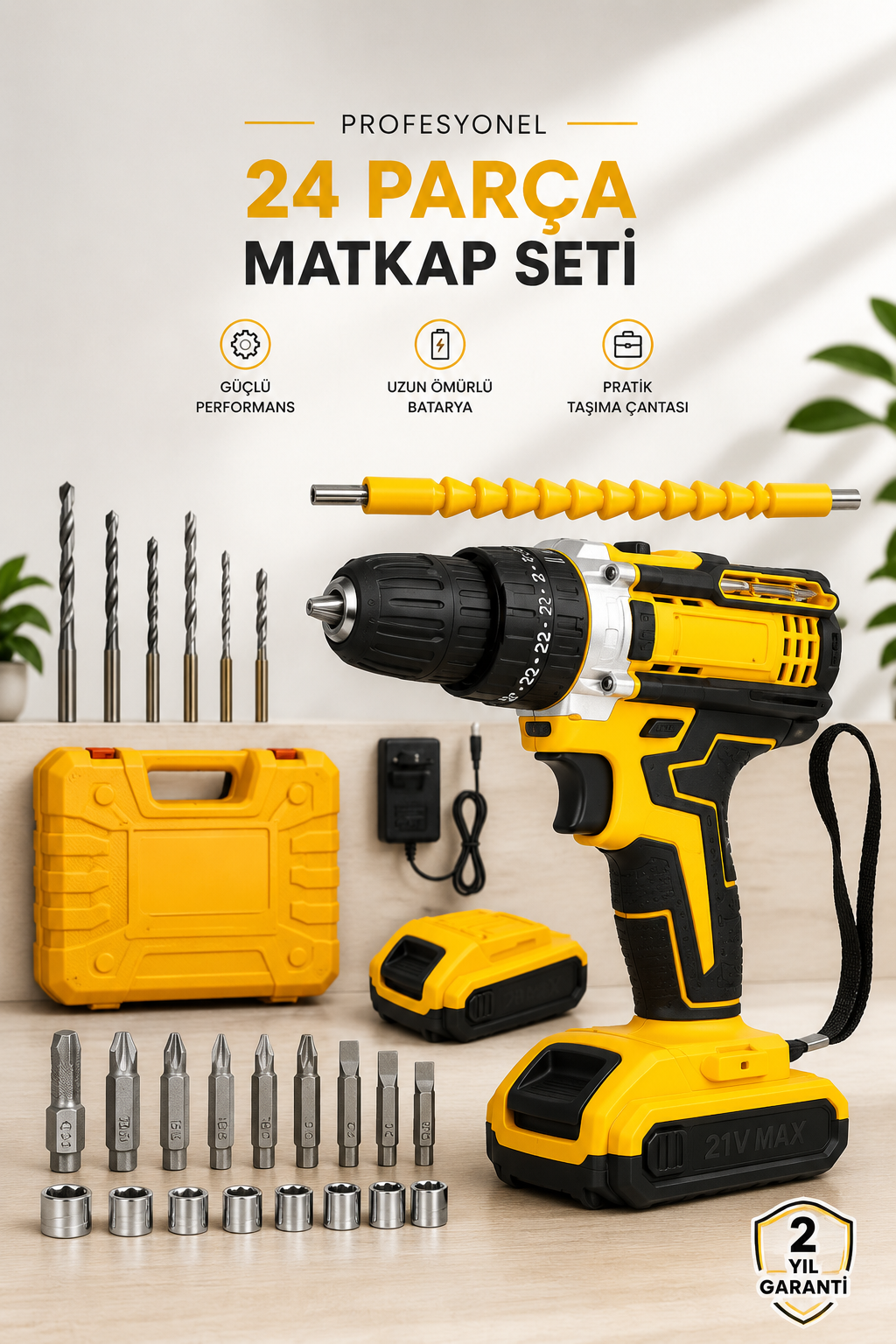 24 Parça Çift Bataryalı Şarjlı Matkap Seti 24W Motor ve Otomatik Mil Kilitli Tasarım - Bayi Depom