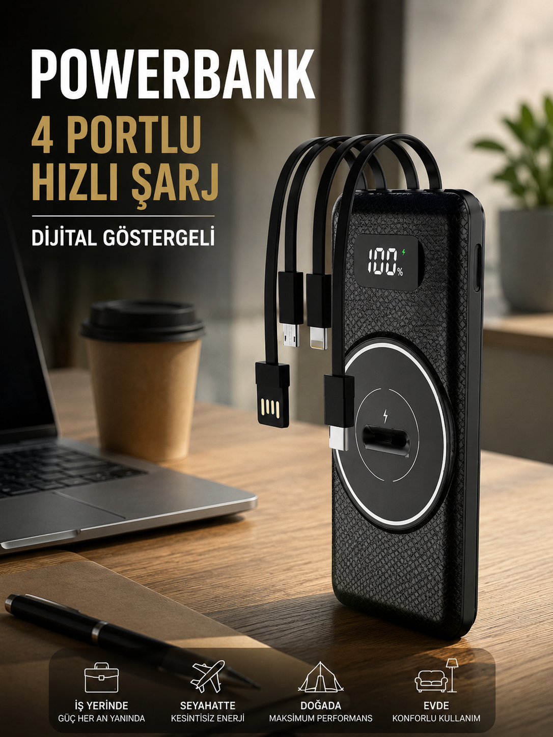 Hızlı Şarj Dijital Göstergeli Powerbankli Çoklu Şarj Özelliği - Bayi Depom