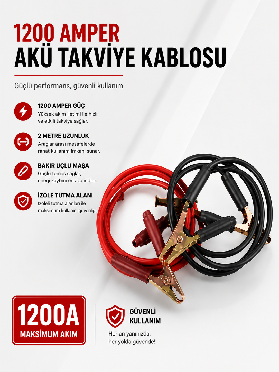 1200 Amper Akü Takviye Kablosu 2 Metre Bakır Uçlu - Bayi Depom
