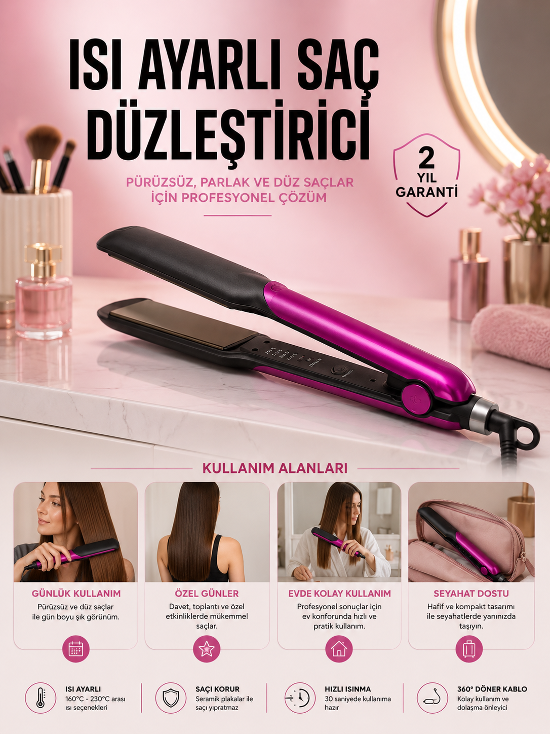 Saç Düzleştirici Isı Ayarlı Seramik Kaplama Döner Kablo Yıpranma Karşıtı - Bayi Depom