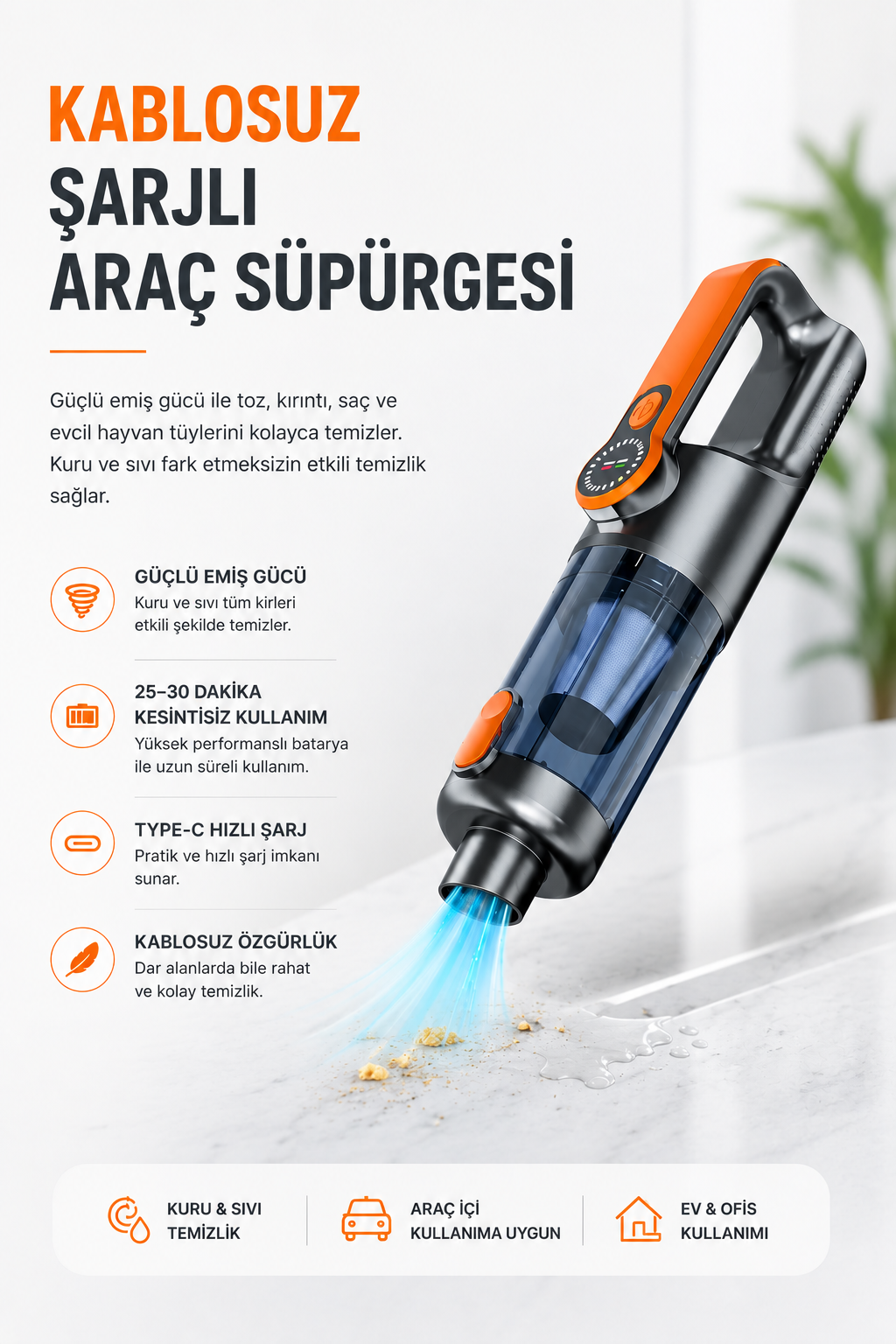 Yüksek Emiş Güçlü Taşınabilir Araç Süpürgesi - Bayi Depom