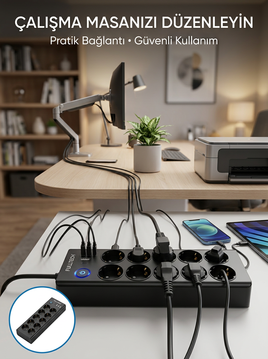 Akım Korumalı 10'lu Çoklu Priz USB-A ve Type-C Şarj Çıkışlı - Bayi Depom