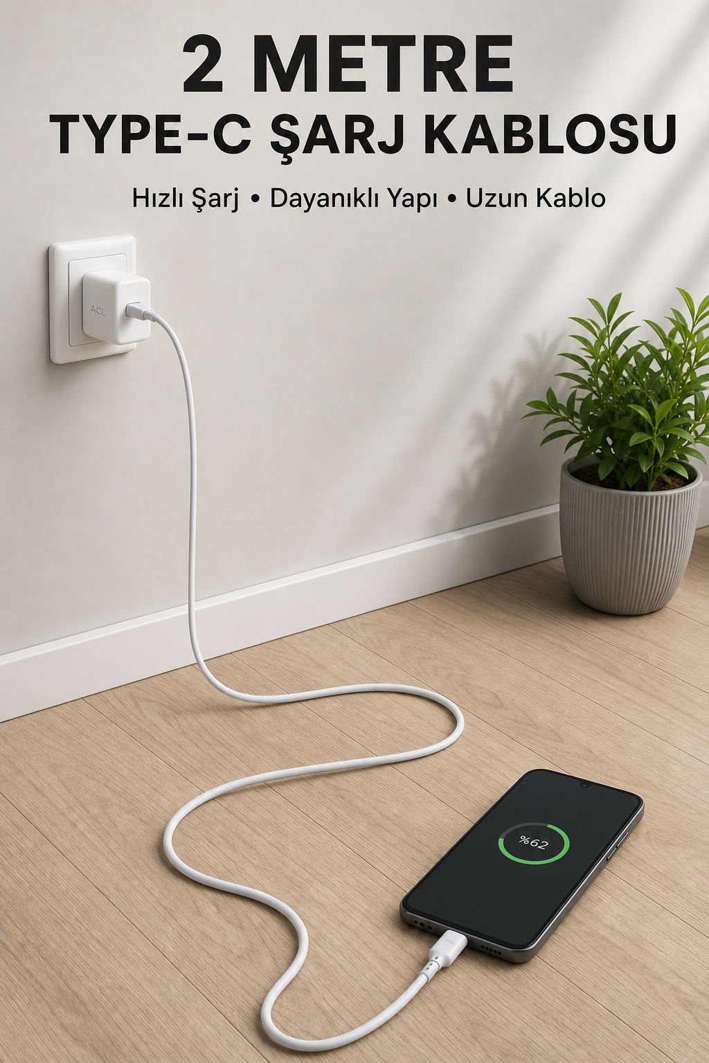 USB-A to Type-C 2 Metre Hızlı Şarj Kablosu - Bayi Depom