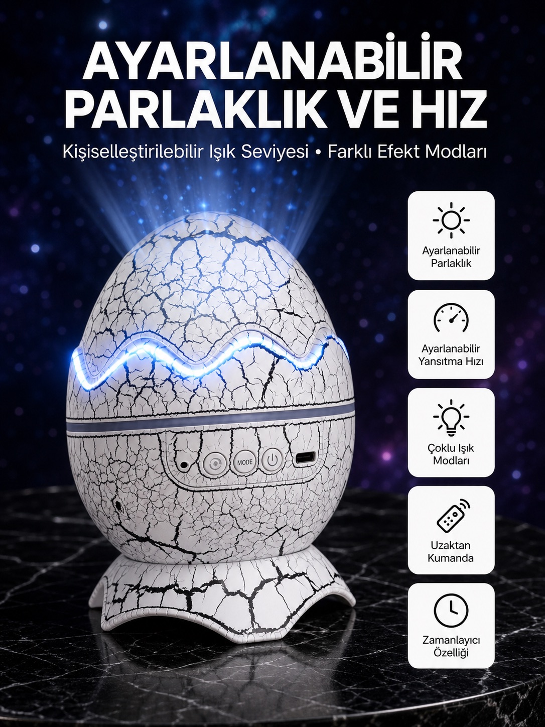 Dinozor Yumurtası Tasarımlı Projektörlü Gece Lambası - Bayi Depom Dinozor Yumurtası Tasarımlı Projektörlü Gece Lambası - Bayi Depom