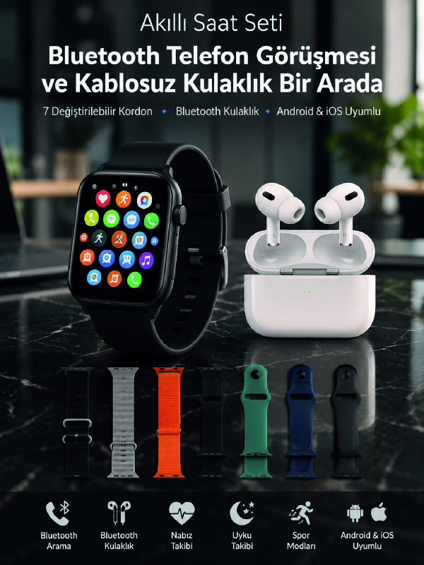Bluetooth Telefon Görüşmeli Akıllı Saat Seti Kablosuz Bluetooth Kulaklık 7 Değiştirilebilir Kordon - Bayi Depom Bluetooth Telefon Görüşmeli Akıllı Saat Seti Kablosuz Bluetooth Kulaklık 7 Değiştirilebilir Kordon - Bayi Depom