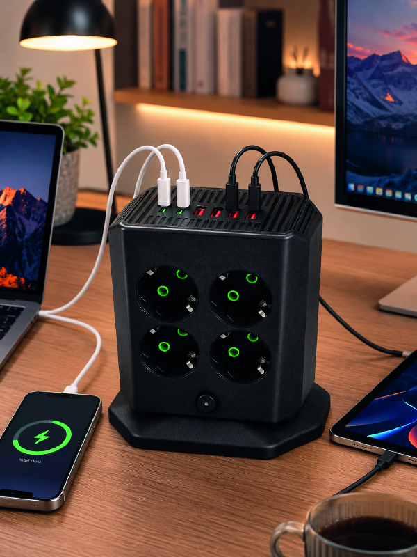 8'li Dikey Çoklu Priz 4 USB 2 Type-C Akım Korumalı Anahtarlı Priz - Bayi Depom