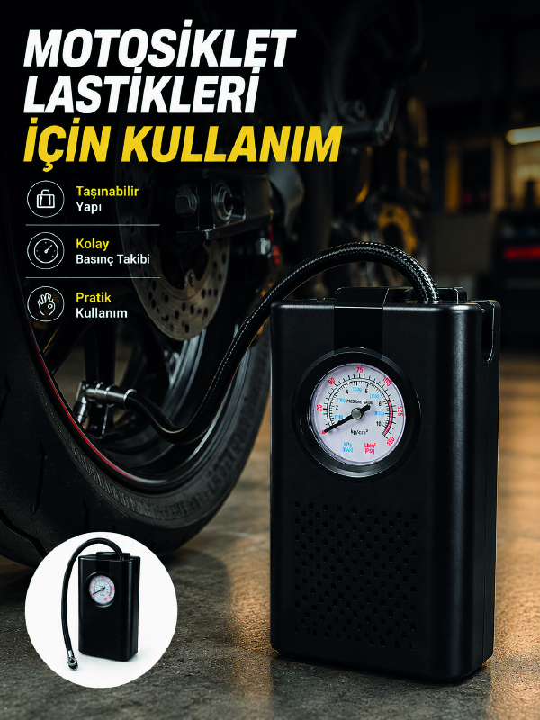 Araç Lastik Şişirme Pompası Taşınabilir Analog Basınç Göstergeli Hava Kompresörü - Bayi Depom