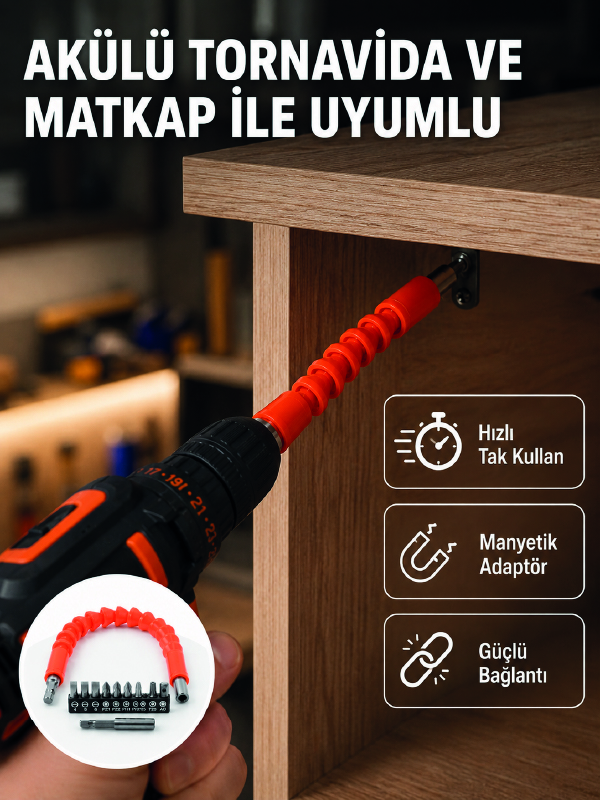Esnek Bits Uç Seti 12 Parça Manyetik Adaptörlü Matkap Tornavida Aksesuarı - Bayi Depom