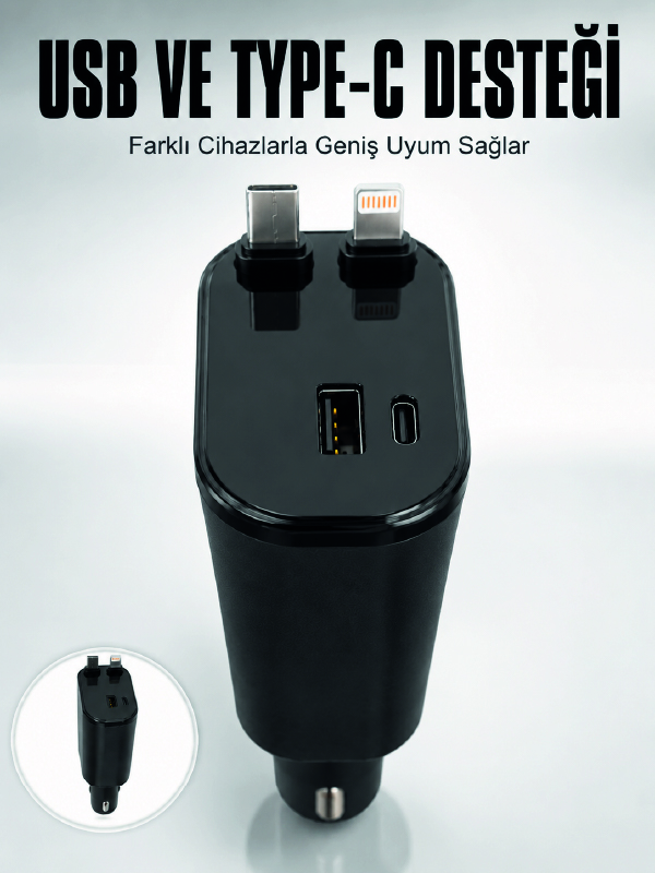 Araç Çakmaklık Şarj Cihazı 120W Type-C & Lightning Kablolu Çoklu Hızlı Şarj İstasyonu - Bayi Depom