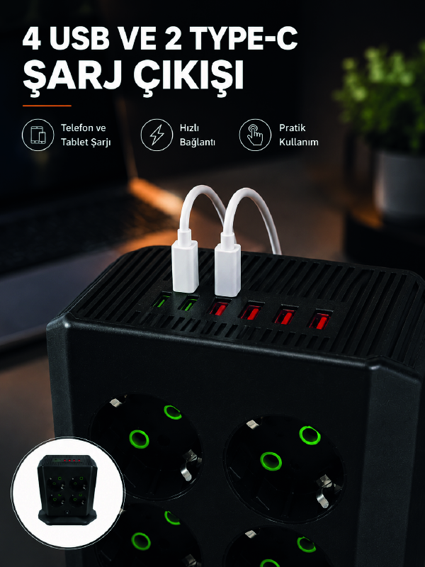 8'li Dikey Çoklu Priz 4 USB 2 Type-C Akım Korumalı Anahtarlı Priz - Bayi Depom