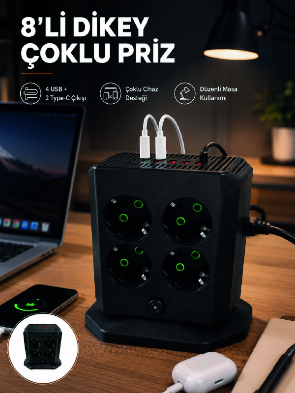 8'li Dikey Çoklu Priz 4 USB 2 Type-C Girişli Akım Korumalı Uzatma Prizi - Bayi Depom