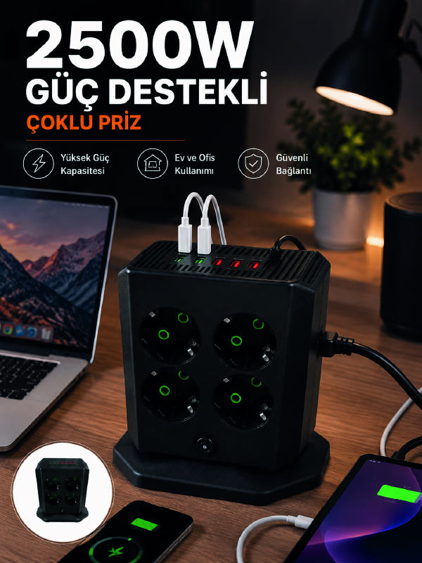 Çoklu Priz 8 Çıkışlı 4 USB 2 Type-C Anahtarlı Dikey Priz Kulesi - Bayi Depom Çoklu Priz 8 Çıkışlı 4 USB 2 Type-C Anahtarlı Dikey Priz Kulesi - Bayi Depom