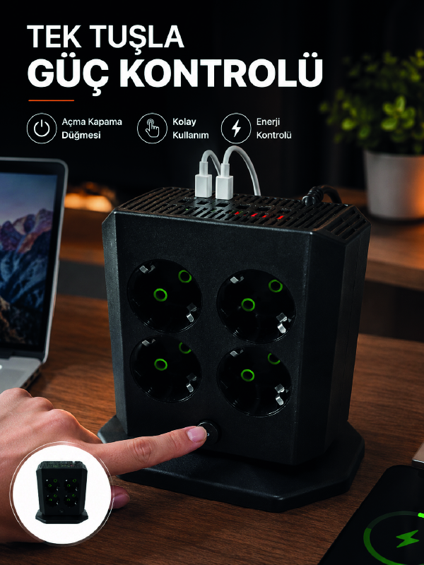 Akım Korumalı 8'li Dikey Priz 4 USB 2 Type-C Hızlı Şarj Destekli Çoklu Priz - Bayi Depom