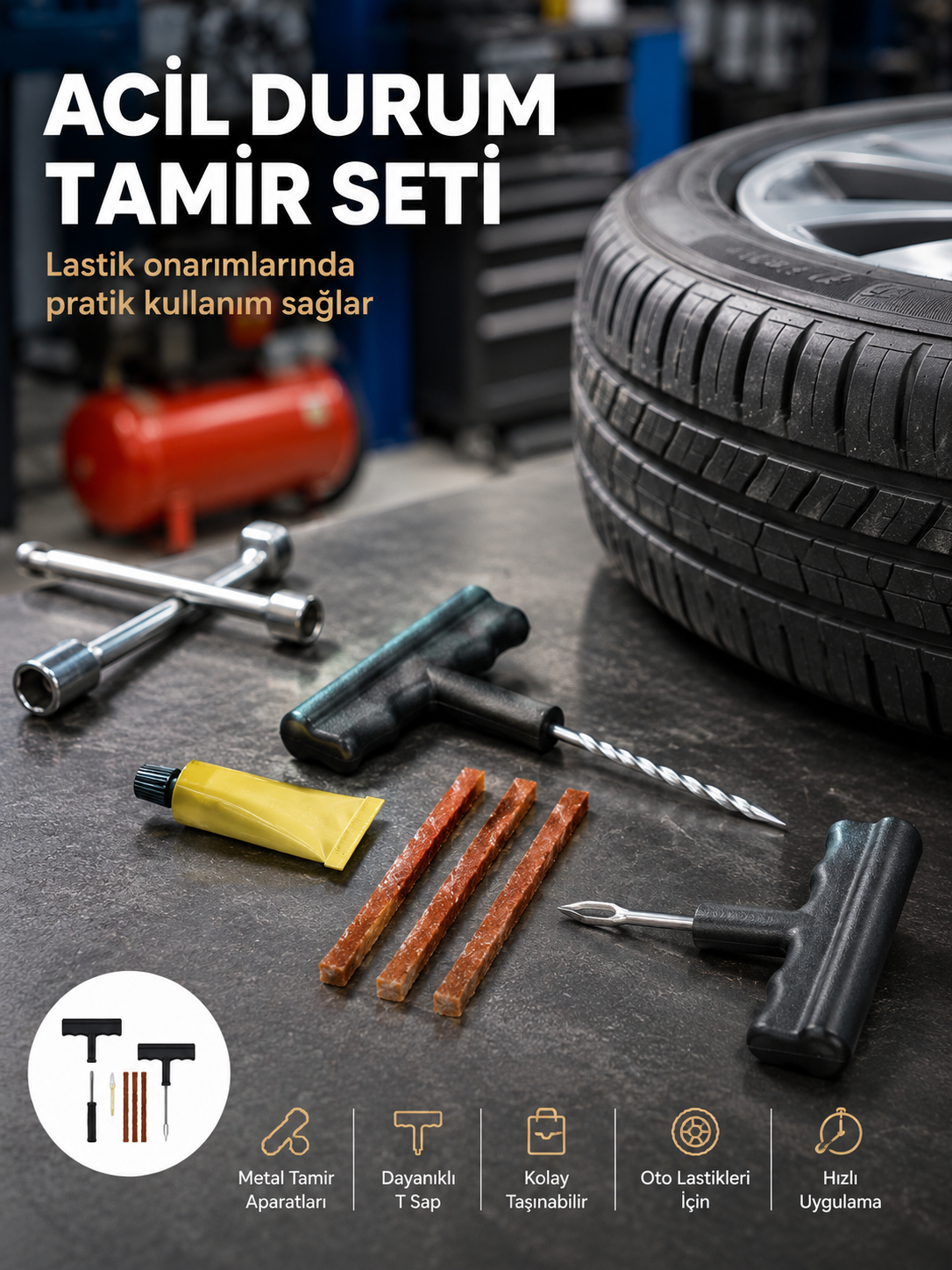 Acil Durumların Kurtarıcısı Çok Amaçlı Lastik Tamir Seti - Bayi Depom Acil Durumların Kurtarıcısı Çok Amaçlı Lastik Tamir Seti - Bayi Depom