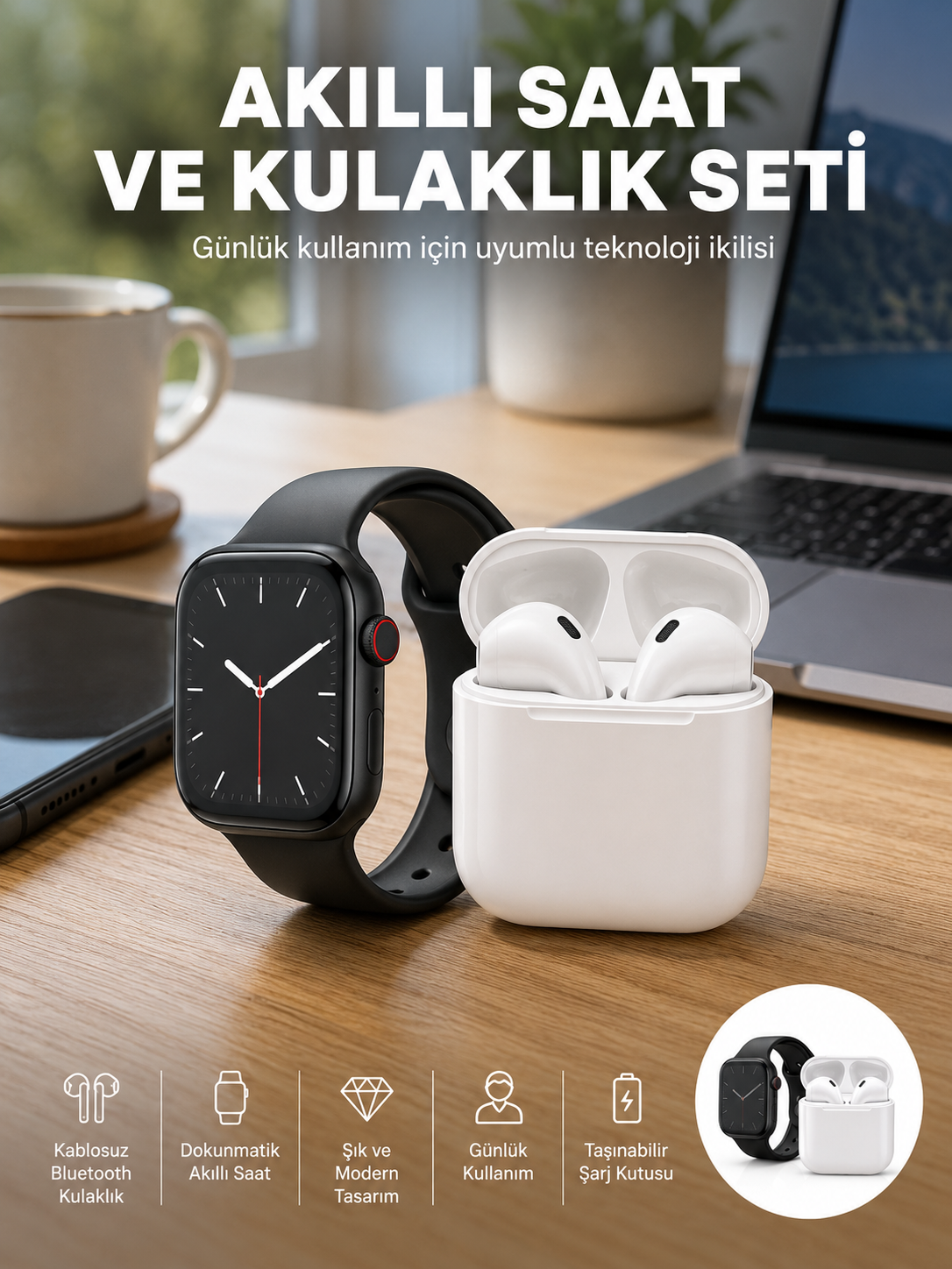 Akıllı Saat Gümüş Kasa Bluetooth Kulaklık Hediyeli Çok Fonksiyonlu İkili Set - Bayi Depom Akıllı Saat Gümüş Kasa Bluetooth Kulaklık Hediyeli Çok Fonksiyonlu İkili Set - Bayi Depom