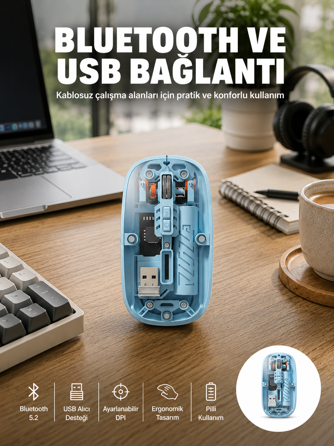 Bluetooth 5.2 Destekli Mavi Pilli Kablosuz Mouse Yeni Nesil - Bayi Depom