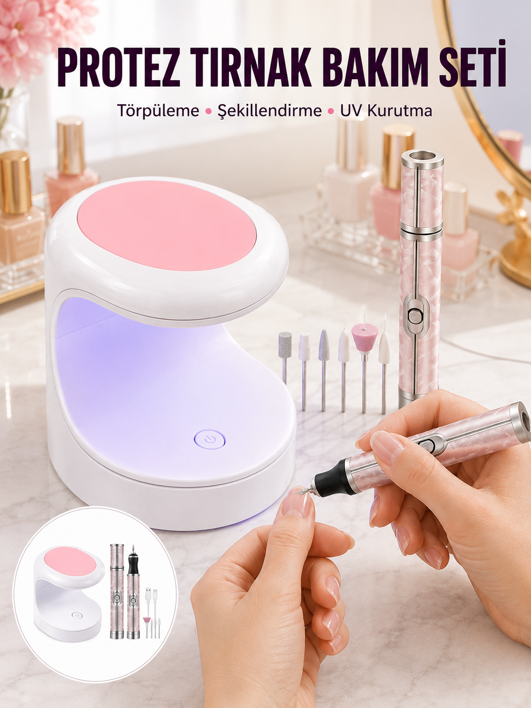 20.000 RPM Tırnak Matkabı + Mini LED Oje Kurutma Cihazı Seti Yeni Nesil - Bayi Depom