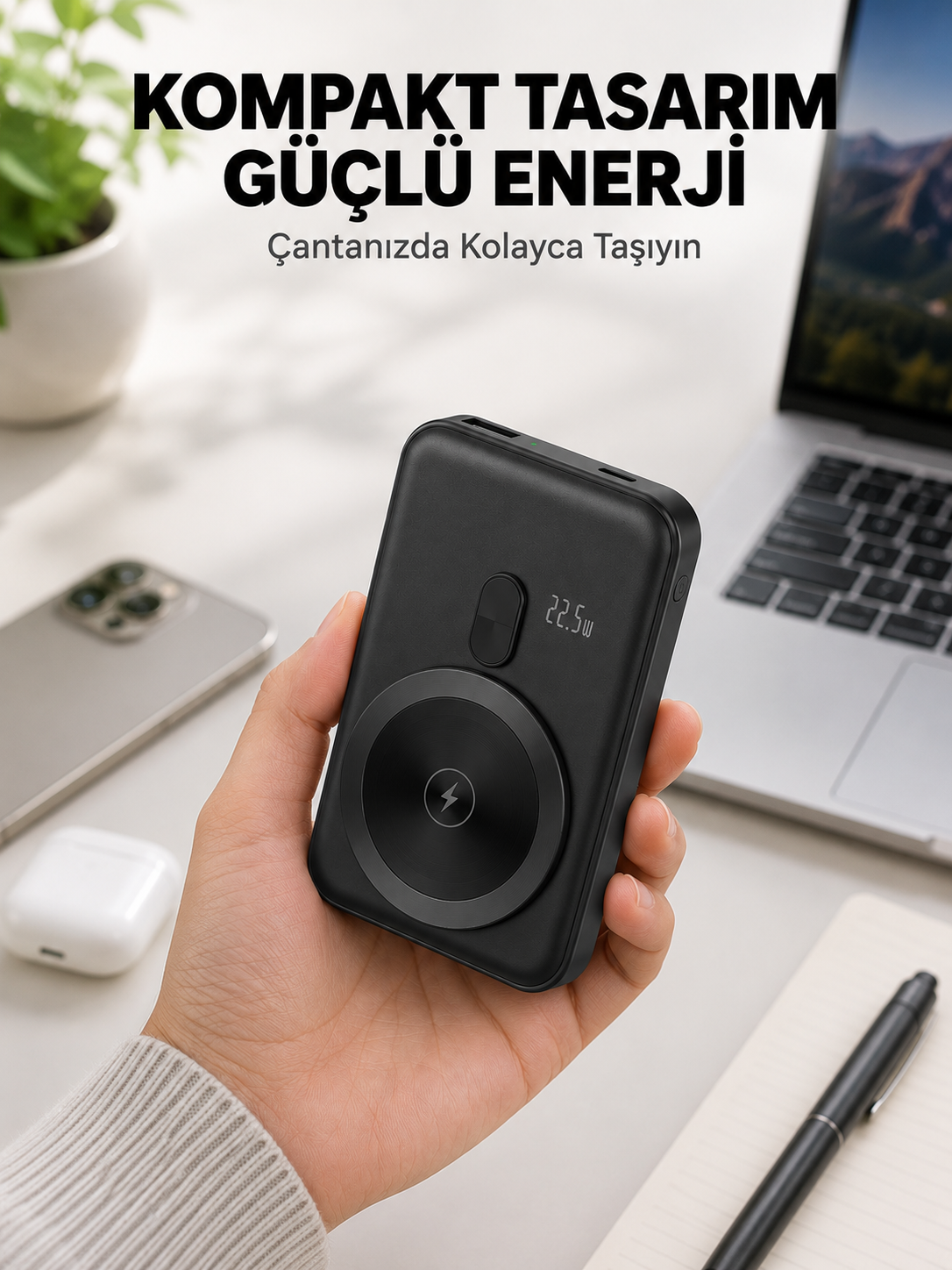 Manyetik Kablosuz Powerbank 22.5W Hızlı Şarj LCD Göstergeli Yeni Nesil - Bayi Depom