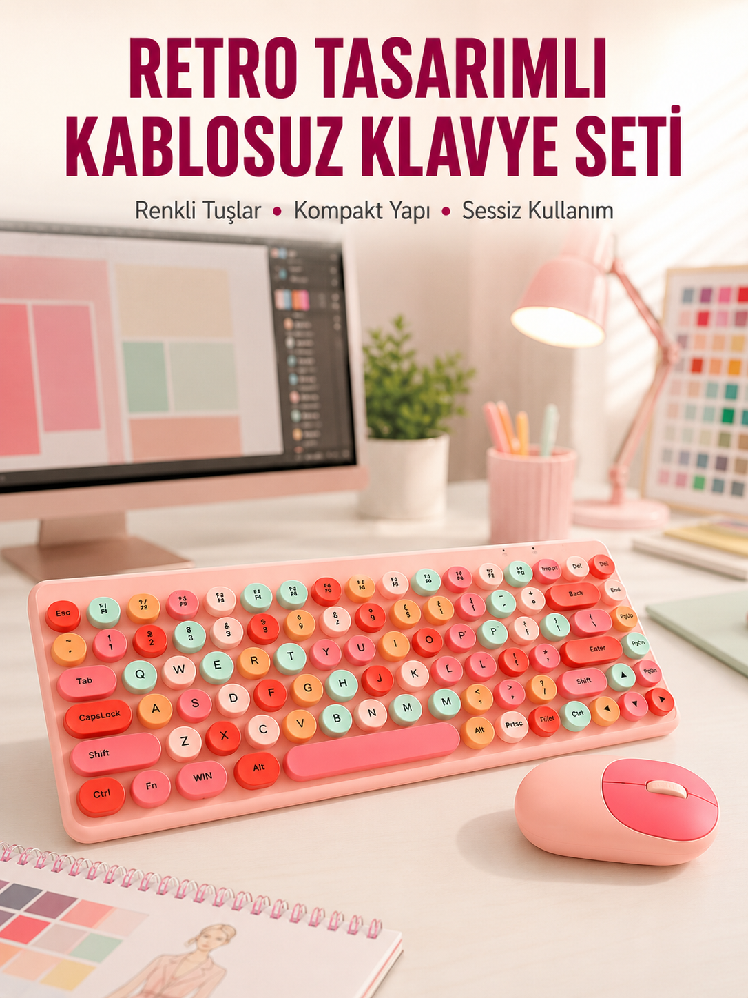 Renkli Retro Tuş Takımlı Klavye – 3 Cihaz Bağlantısı, Medya Kısayol Tuşları Yeni Nesil - Bayi Depom