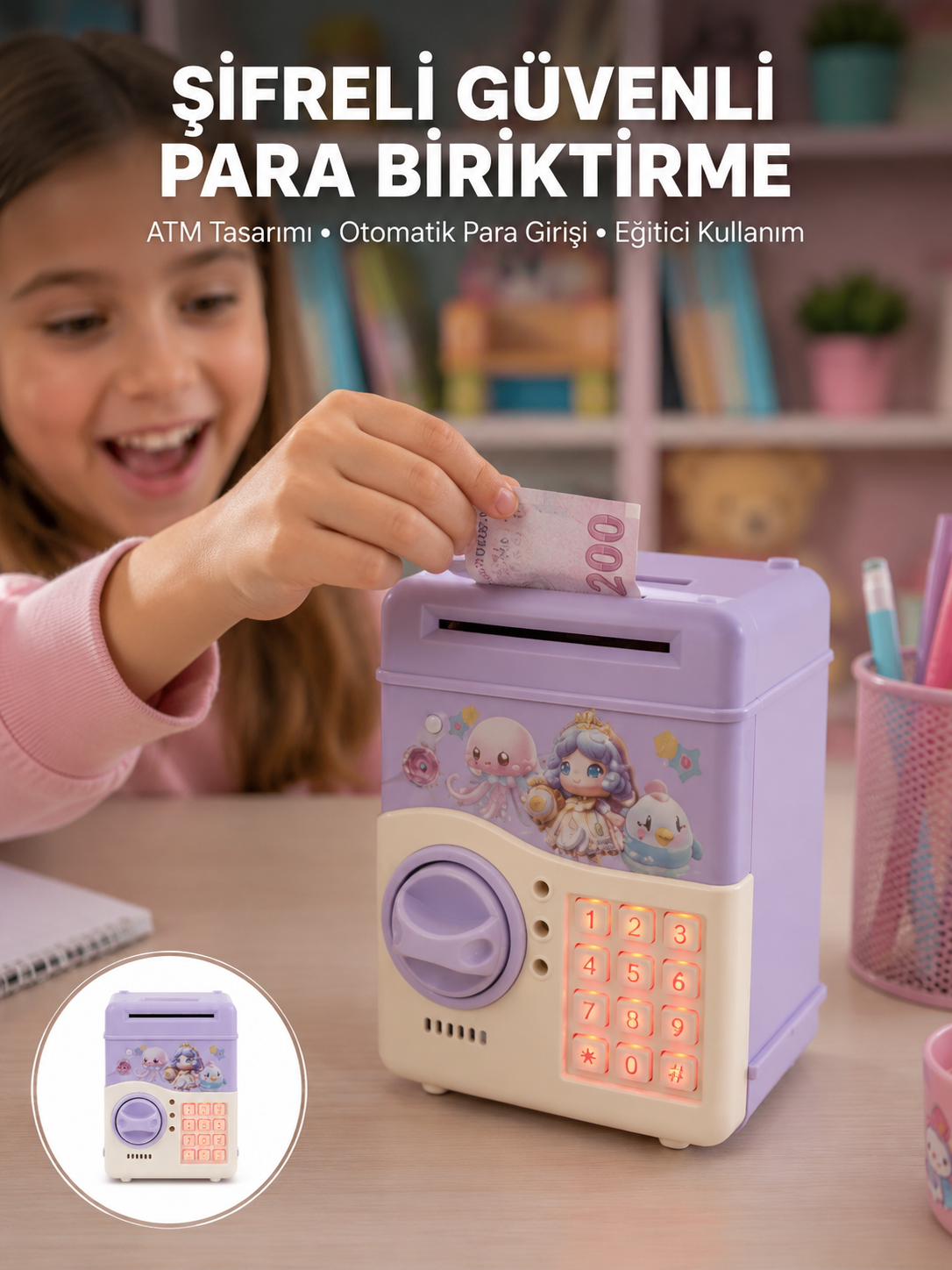 Çocuklar İçin Elektronik Şifreli Para Biriktirme Kumbarası Mor - Bayi Depom