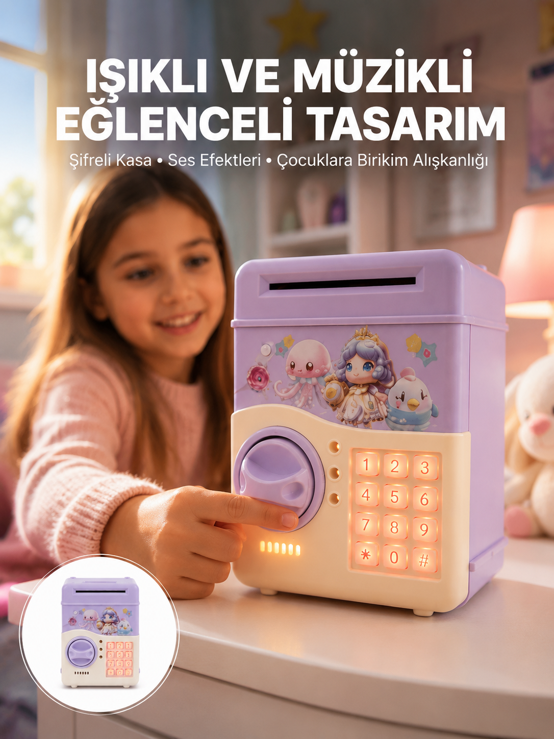 Mor Otomatik Para Girişli Elektronik Şifreli Kumbara - Bayi Depom