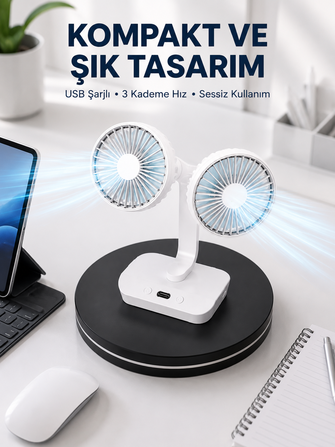 720° Döner Çift Taraflı Masaüstü Vantilatör – USB Şarjlı Sessiz Fan - Bayi Depom