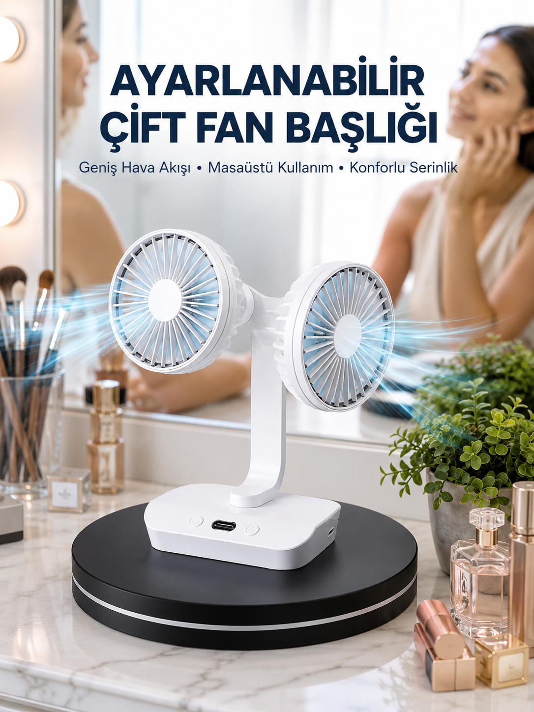 Ayarlanabilir Hızlı Çift Başlıklı Masaüstü Fan – Gece Lambalı Serinletici - Bayi Depom