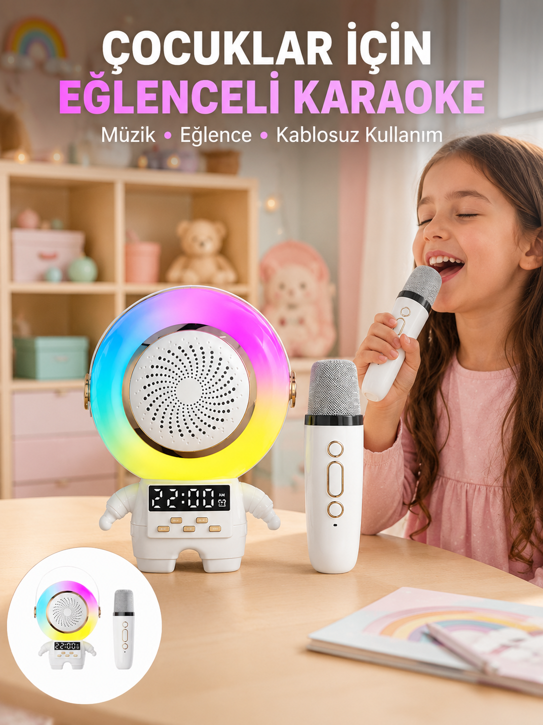 Renkli Işıklı Astronot Mini Bluetooth Speaker ve Karaoke Mikrofon - Bayi Depom Renkli Işıklı Astronot Mini Bluetooth Speaker ve Karaoke Mikrofon - Bayi Depom