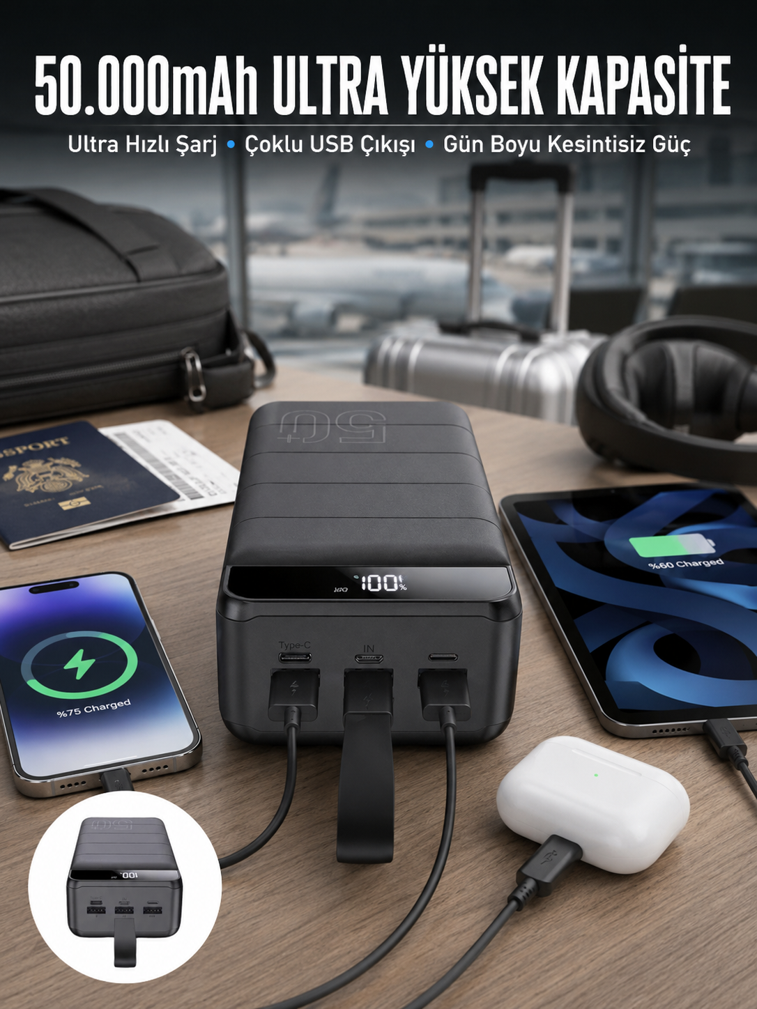 Powerbank Çoklu Şarj Girişi 50.000 Mah Taşınabilir Dijital Göstergeli (Kopya) - Bayi Depom
