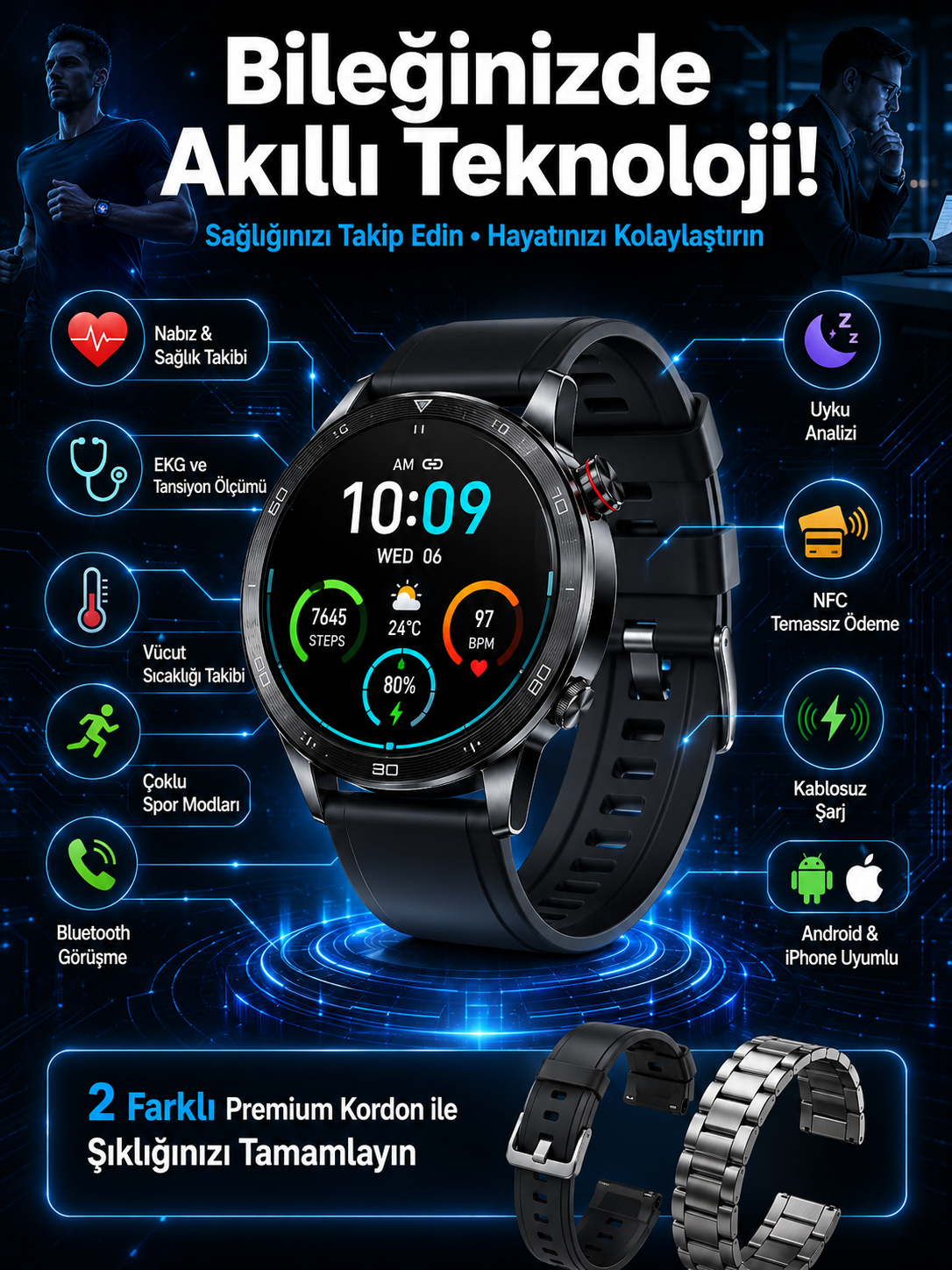 Çift Kordonlu Yüksek Çözünürlüklü Akıllı Saat Uyku İzleyici & Spor Modları - Bayi Depom Çift Kordonlu Yüksek Çözünürlüklü Akıllı Saat Uyku İzleyici & Spor Modları - Bayi Depom
