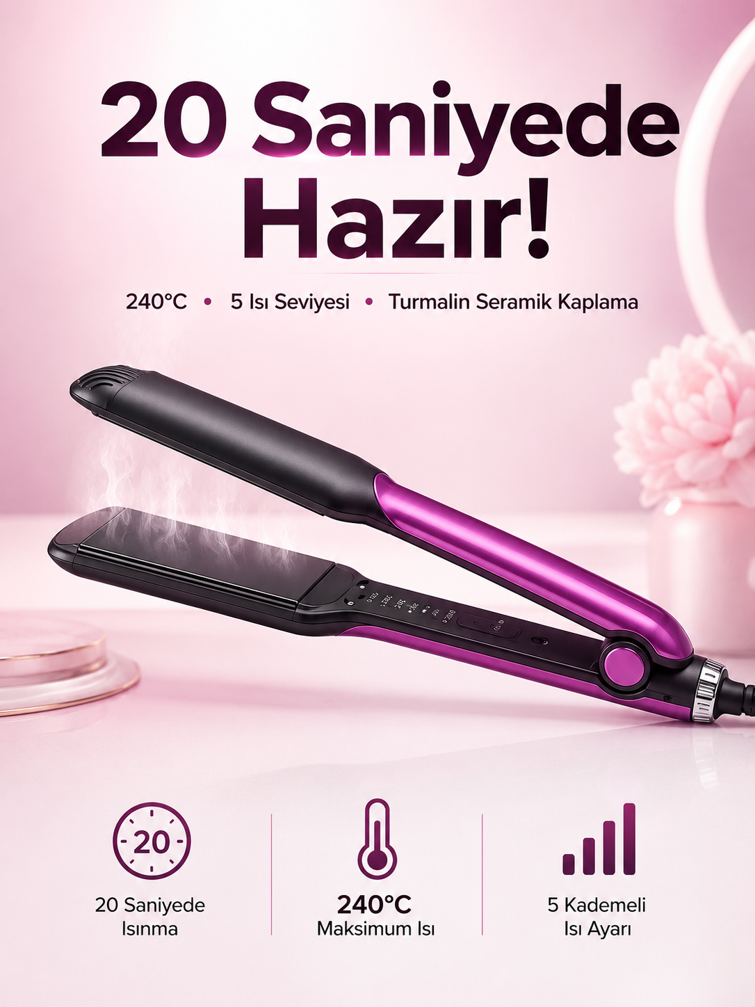 Saç Düzleştirici Isı Ayarlı Seramik Kaplama Döner Kablo Yıpranma Karşıtı - Bayi Depom