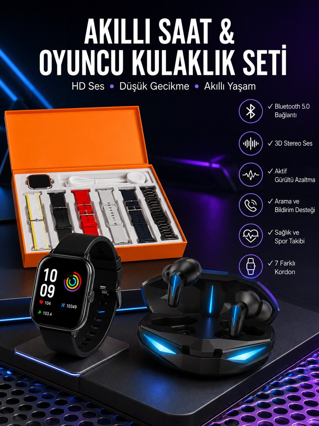 7 Kordonlu Akıllı Saat Ve Oyuncu Kulaklığı ANC Özelliği Kulak İçi Mikrofonlu Sesli Görüşme - Bayi Depom 7 Kordonlu Akıllı Saat Ve Oyuncu Kulaklığı ANC Özelliği Kulak İçi Mikrofonlu Sesli Görüşme - Bayi Depom