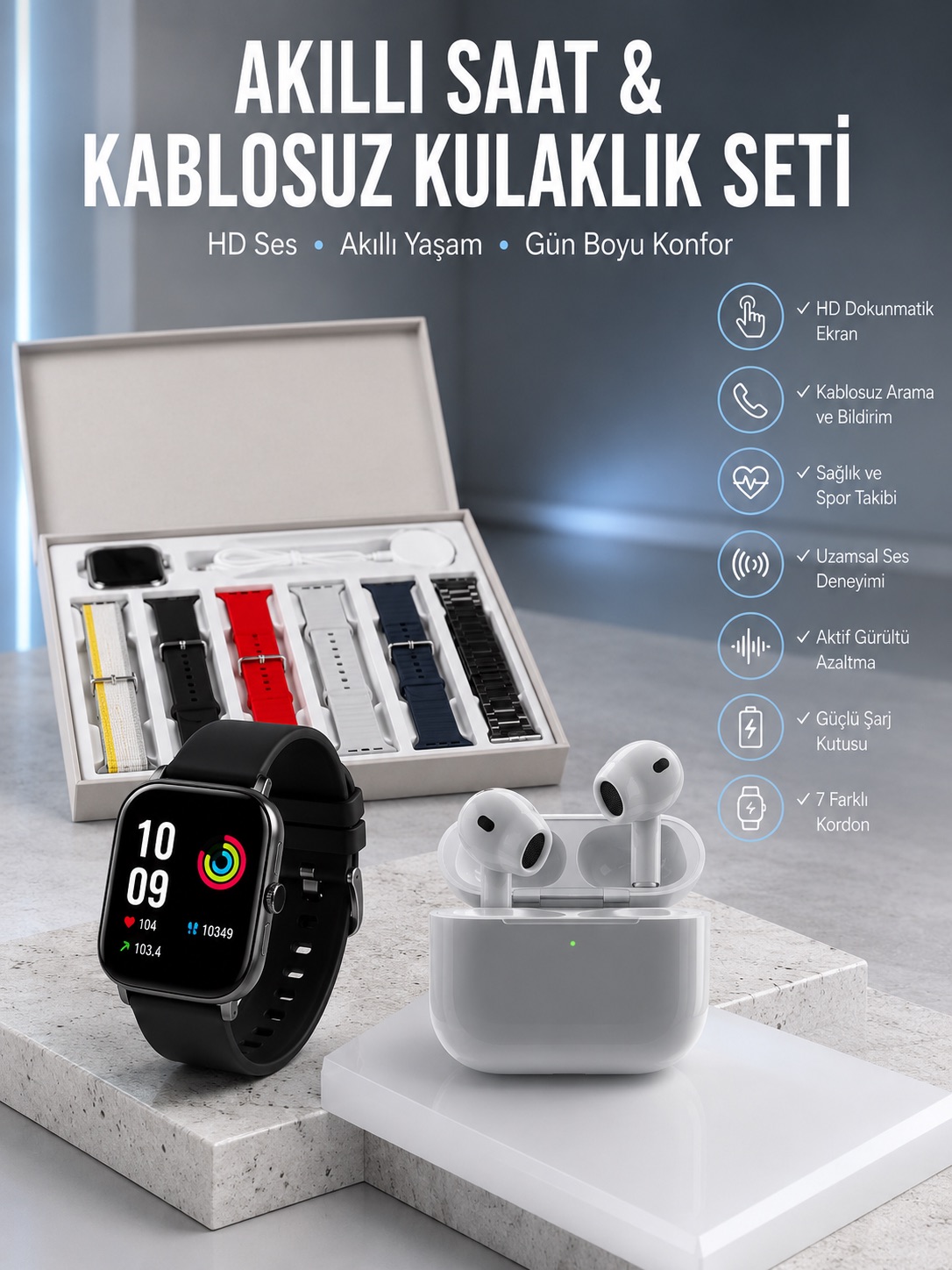 7 Kordonlu Akıllı Saat Ve 3.Nesil Kulaklık Dokunmatik Ekran Sesli Görüşme Yapabilen - Bayi Depom 7 Kordonlu Akıllı Saat Ve 3.Nesil Kulaklık Dokunmatik Ekran Sesli Görüşme Yapabilen - Bayi Depom