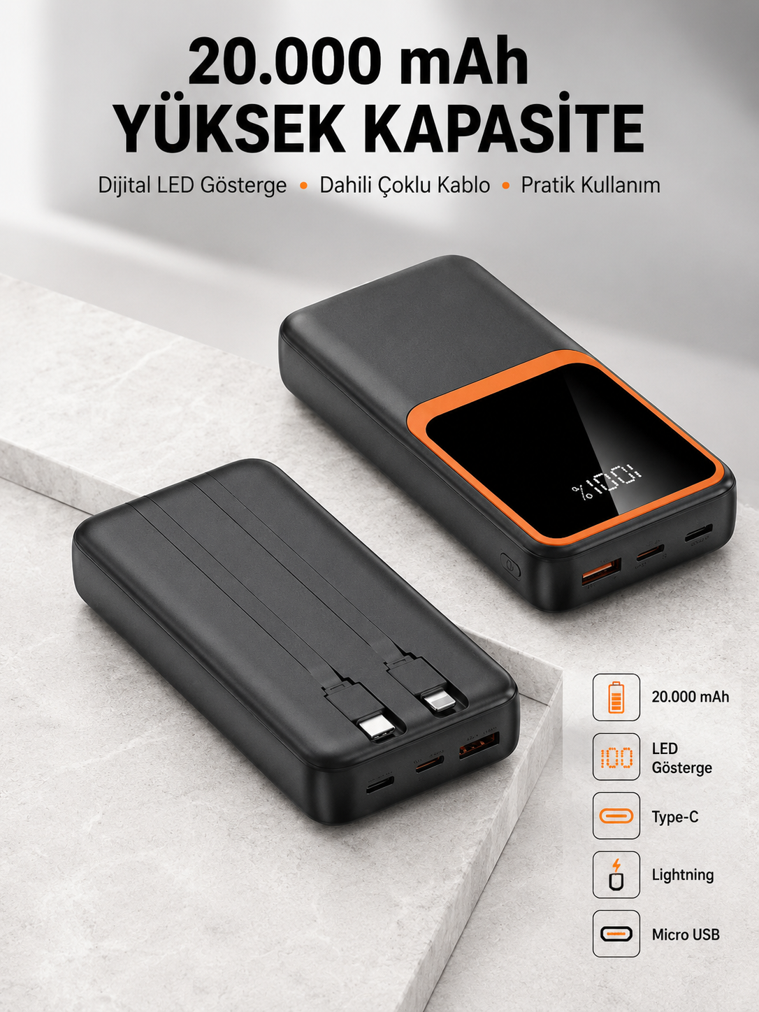 Dijital Ekranlı 20.000 mAh Powerbank | 22.5W Hızlı Şarj + Çoklu Bağlantı Seçeneği Yeni Nesil - Bayi Depom