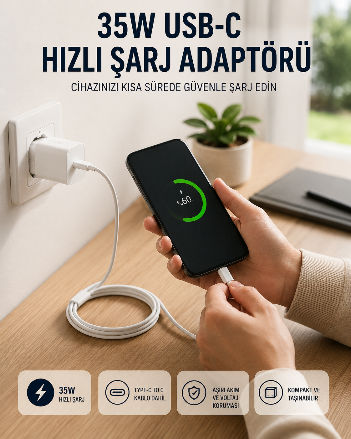Type-C to C Kablolu 35W Hızlı Şarj Başlığı Set - Bayi Depom