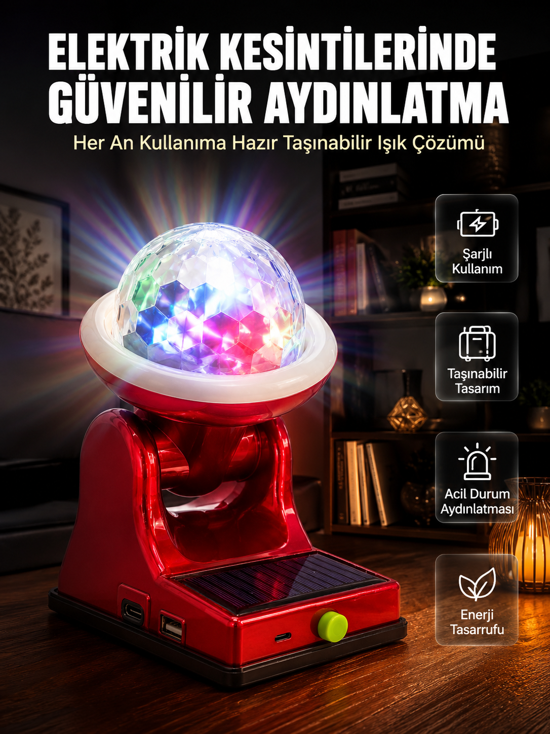 Çok Amaçlı Şarjlı LED Projektör Lamba Solar Enerjili RGB Ambiyans ve Parti Işığı - Bayi Depom