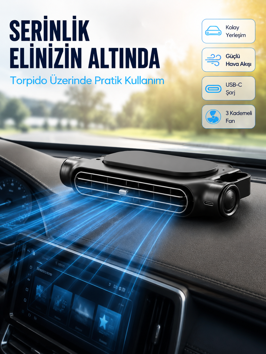 Araç Koltuk Başlığı Soğutucu Fan USB Şarjlı 3 Kademeli Sessiz Boyun Serinletici - Bayi Depom
