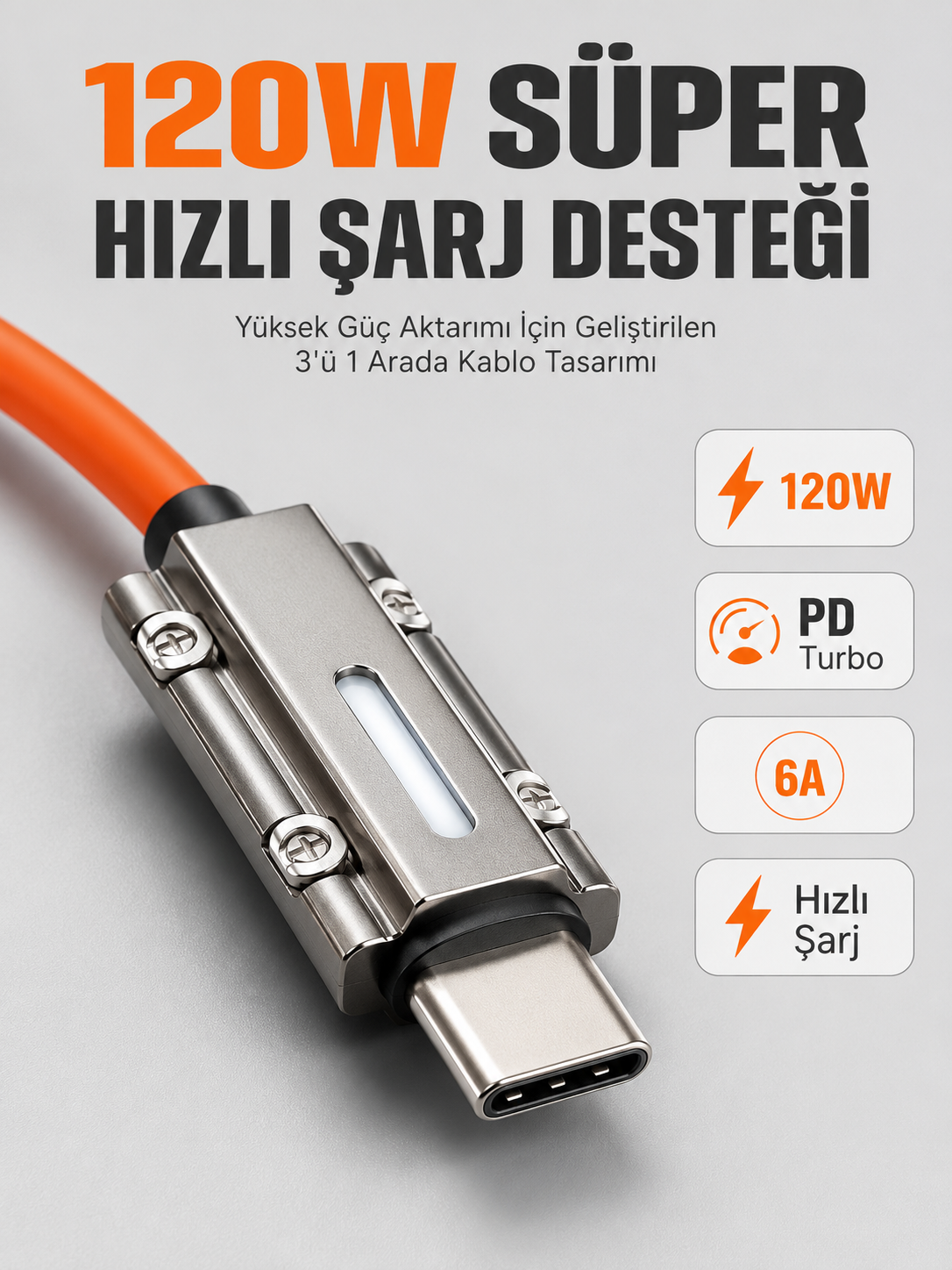 LED Göstergeli 120W PD Turbo Destekli Premium 3'ü 1 Arada Şarj Kablosu - Bayi Depom LED Göstergeli 120W PD Turbo Destekli Premium 3'ü 1 Arada Şarj Kablosu - Bayi Depom