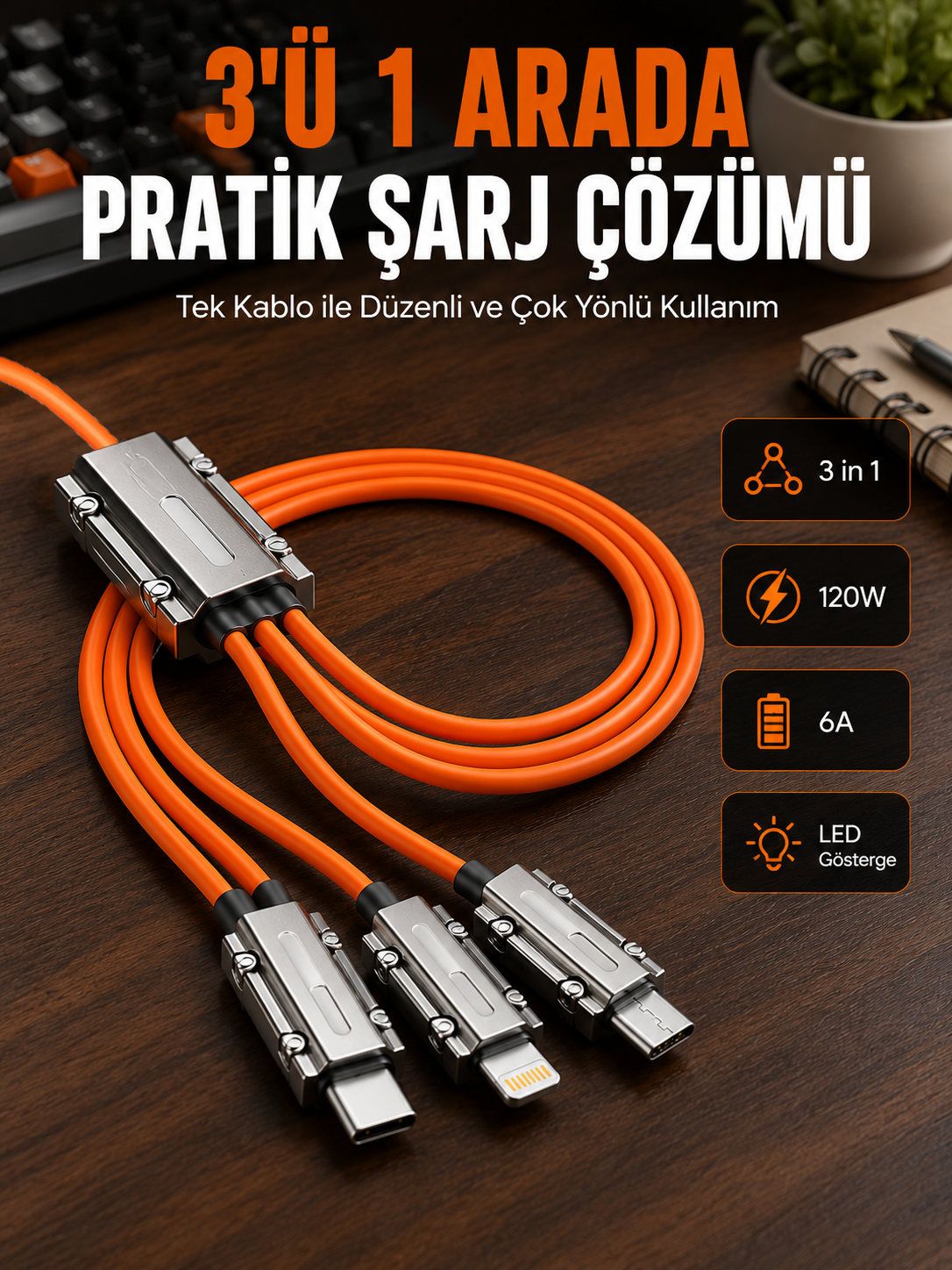 Yüksek Güç Aktarımı Sunan 6A Destekli Çoklu Bağlantı Şarj ve Veri Kablosu - Bayi Depom