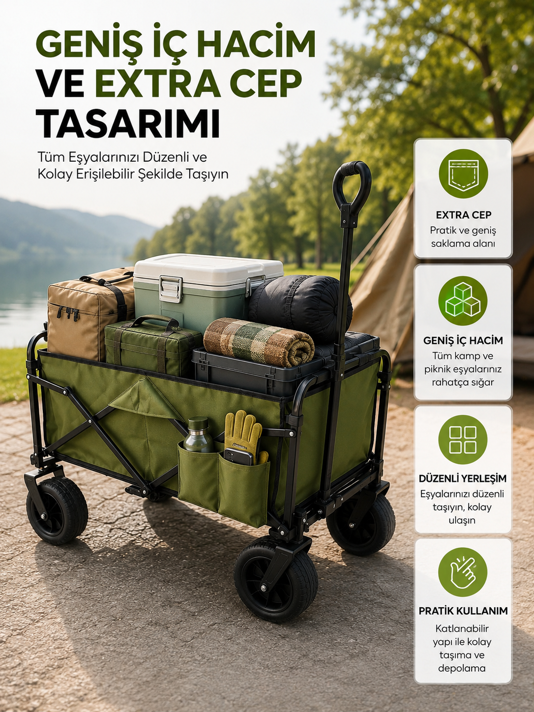 Geniş İç Hacimli Fren Sistemli Katlanabilir Kamp ve Piknik Arabası - Bayi Depom Geniş İç Hacimli Fren Sistemli Katlanabilir Kamp ve Piknik Arabası - Bayi Depom