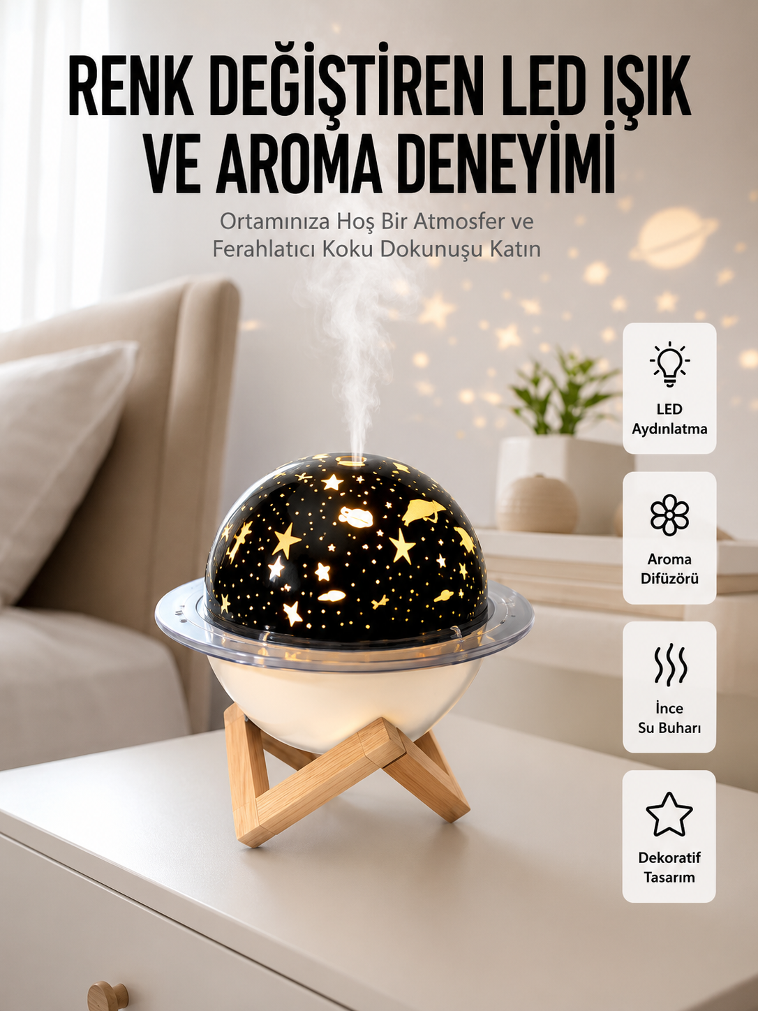 Hava Nemlendirici Led Işıklı Gece Lambası Yıldız Görünümlü Renk Değiştiren - Bayi Depom Hava Nemlendirici Led Işıklı Gece Lambası Yıldız Görünümlü Renk Değiştiren - Bayi Depom