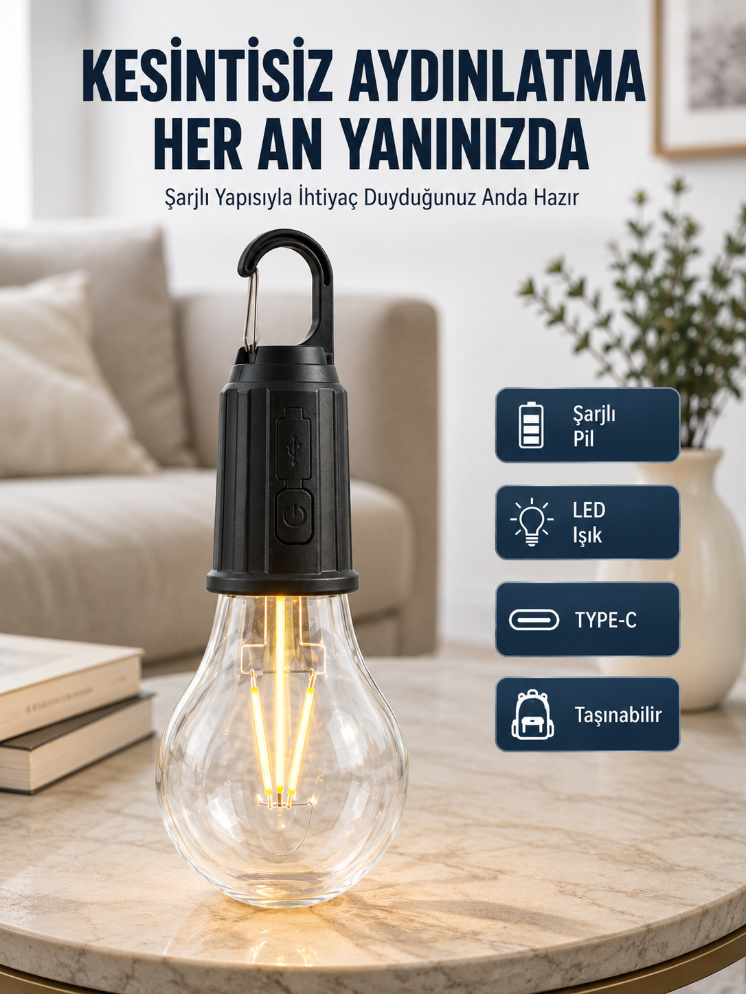 3 Farklı Mod LED'li Şarjlı Asma Kancalı Kamp Lambası Taşınabilir Ampul - Bayi Depom