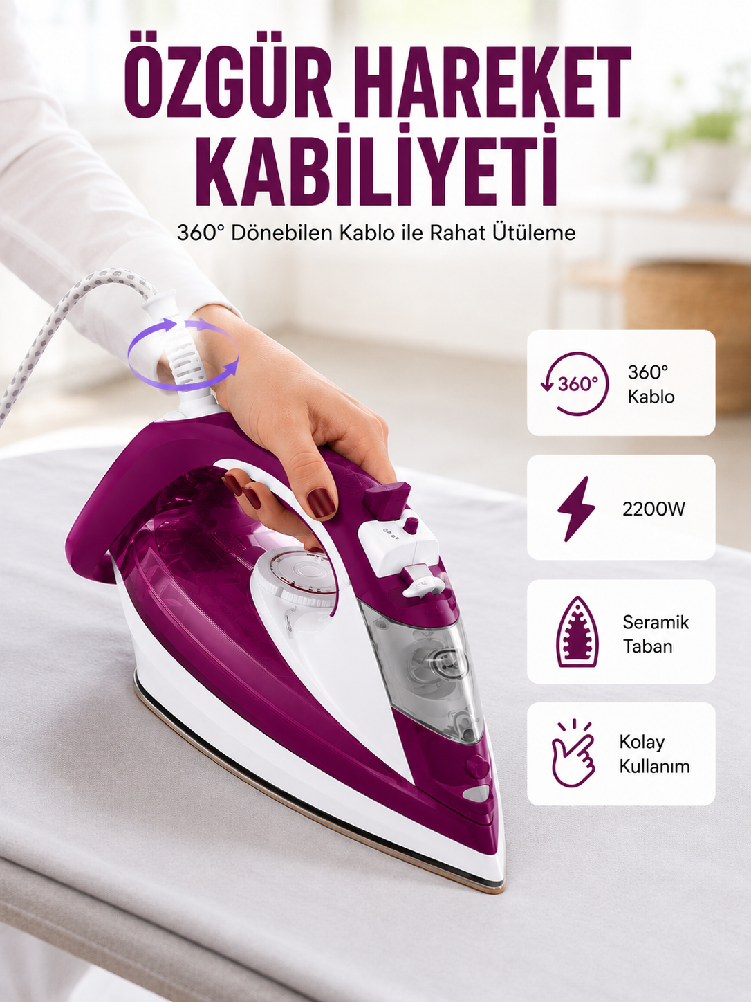 2200W Seramik Kaplama Estetik Tasarımı 360 Derece Dönebilir Kablosu Yeni Nesil - Bayi Depom