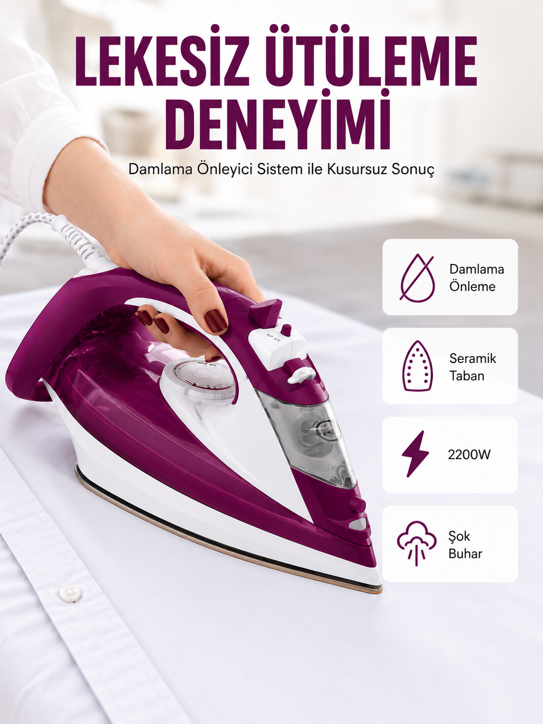 Yeni Nesil Kırmızı Buharlı Ütü 2200 Watt Seramik Tabanlı Yüksek Buhar Gücü Yeni Nesil - Bayi Depom