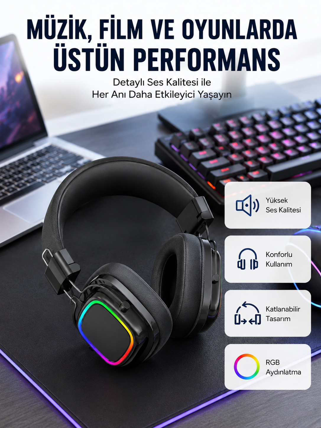 RGB Işıklı Katlanabilir Bluetooth 5.3 Kulak Üstü Kulaklık - Bayi Depom RGB Işıklı Katlanabilir Bluetooth 5.3 Kulak Üstü Kulaklık - Bayi Depom