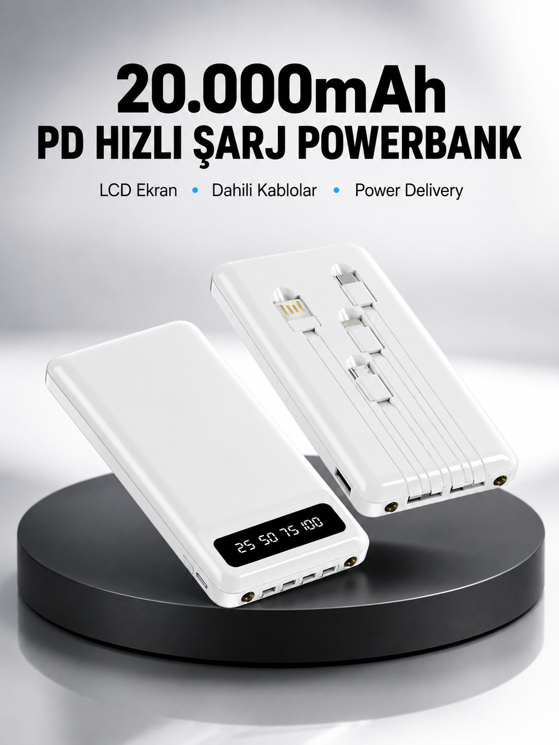 LED Işıklı 20.000mAh Powerbank LCD Gösterge Dahili Çoklu Kablo Yeni Nesil - Bayi Depom