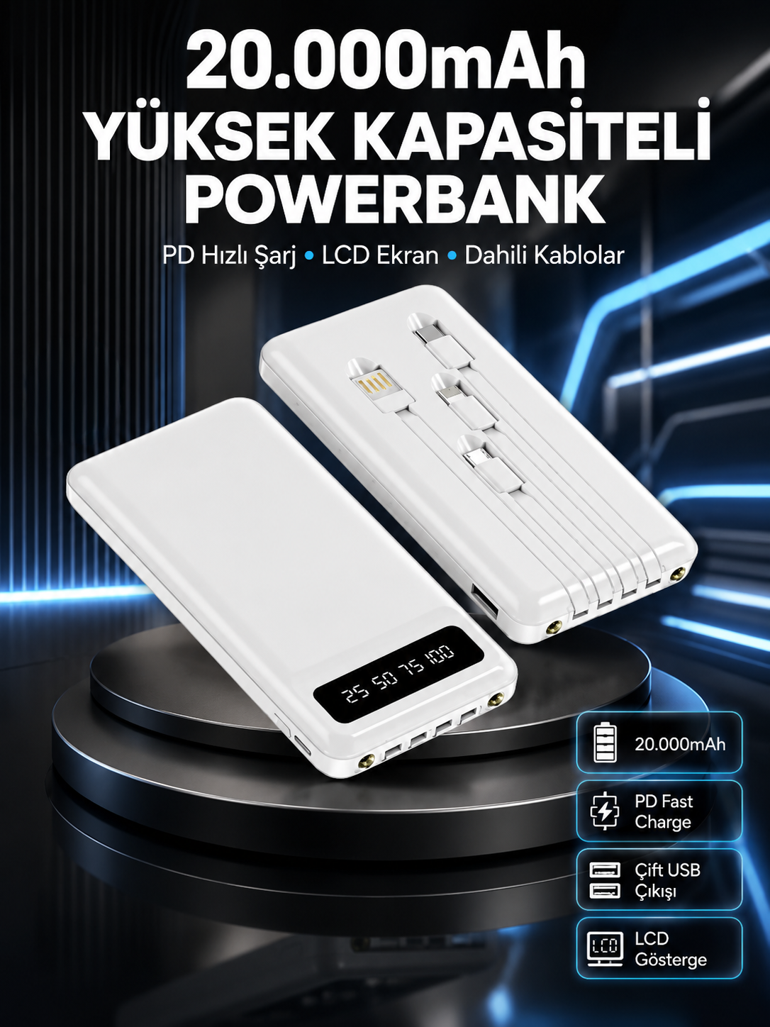 Akıllı LCD Ekranlı 20.000mAh Powerbank PD + USB + Type-C Yeni Nesil - Bayi Depom