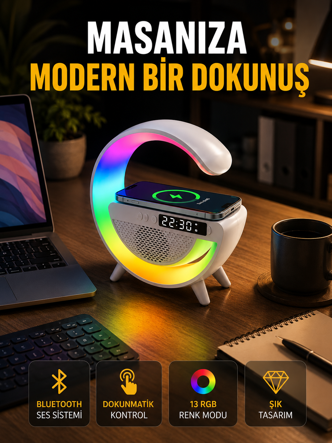13 Renk Seçenekli Kablosuz Şarj Cihazlı LED Lamba - Bayi Depom 13 Renk Seçenekli Kablosuz Şarj Cihazlı LED Lamba - Bayi Depom