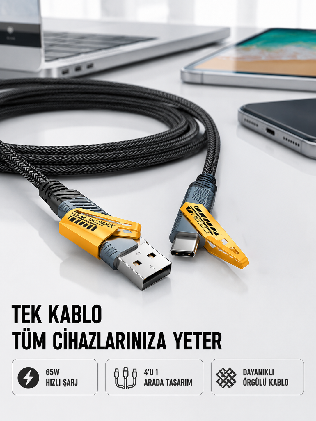 Örgülü Tasarım 4’ü 1 Arada USB-C Lightning Hızlı Şarj Kablosu - Bayi Depom Örgülü Tasarım 4’ü 1 Arada USB-C Lightning Hızlı Şarj Kablosu - Bayi Depom